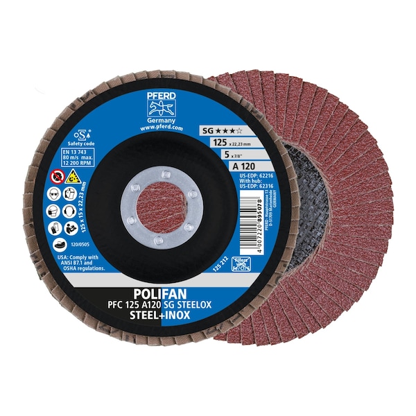 Pferd 5" x 7/8" A.H. POLIFAN Flap Disc - A SG STEELOX, Aluminum oxide, 120 Grit, Conical 62216 - main